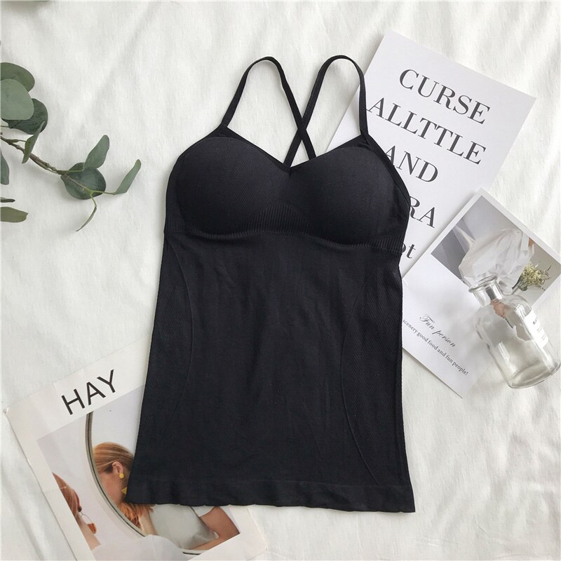 avling topp sexy kvinner innebygd bh polstret tank topp kvinnelige pustende Fitness kamisole topper fast slank sommervest singlet: Svart