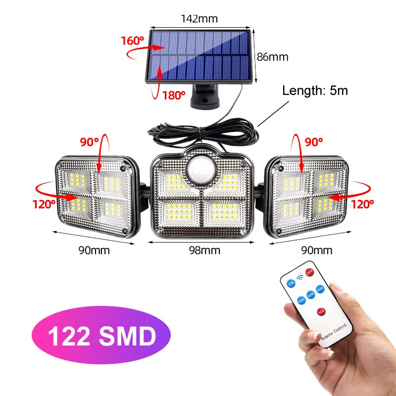 Solar LED Light Outdoor 108 LED 3 Head Motion Sensor Remote Control Lamp 270 Wide Angle Illumination Wall lamp Flood Lights: Separation-122 SMD