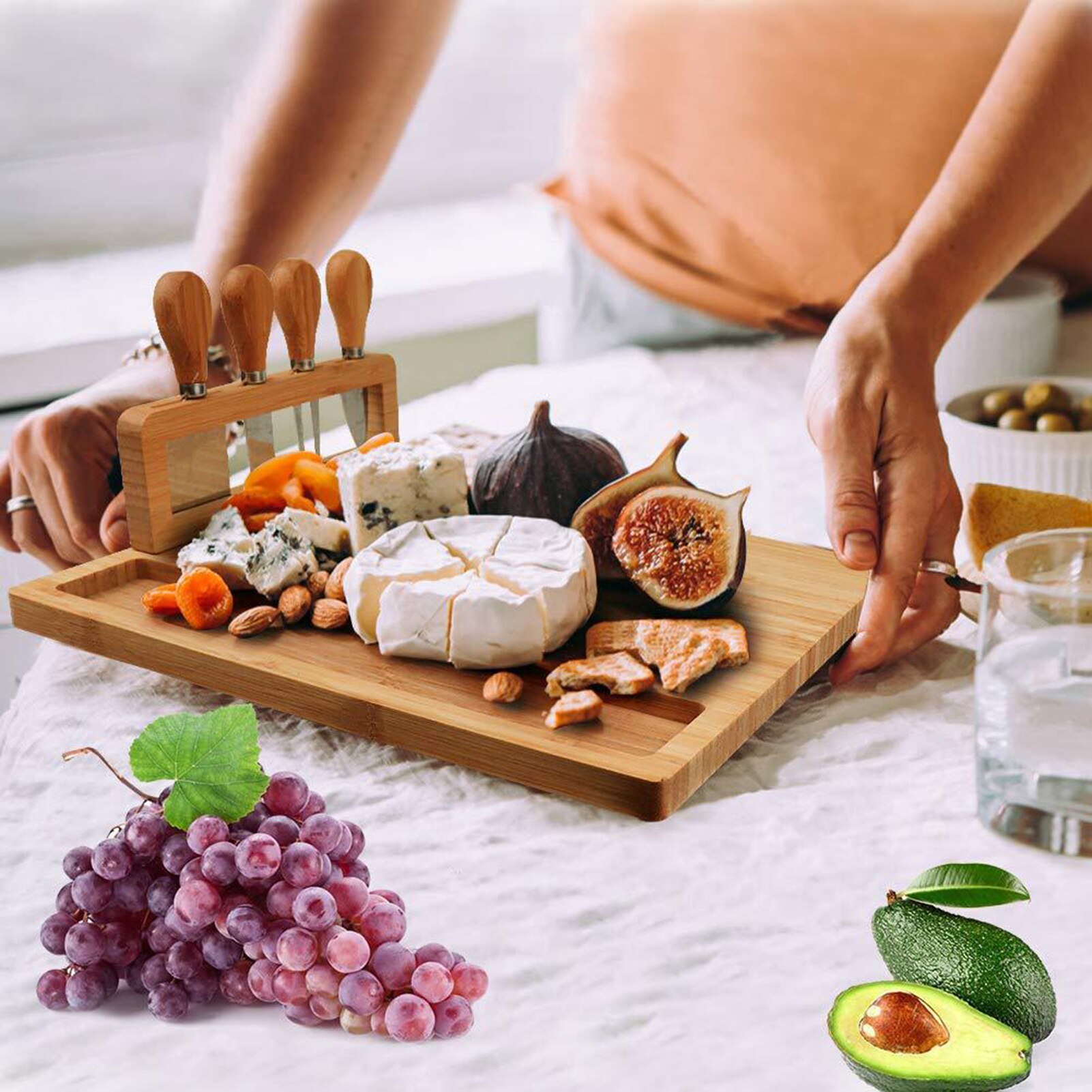 Chopping Board Bamboo Cheese Board Set Meat Charcuterie Platter Serving Tray For Make Cheeses Appetizers Fruits Delicious Meats