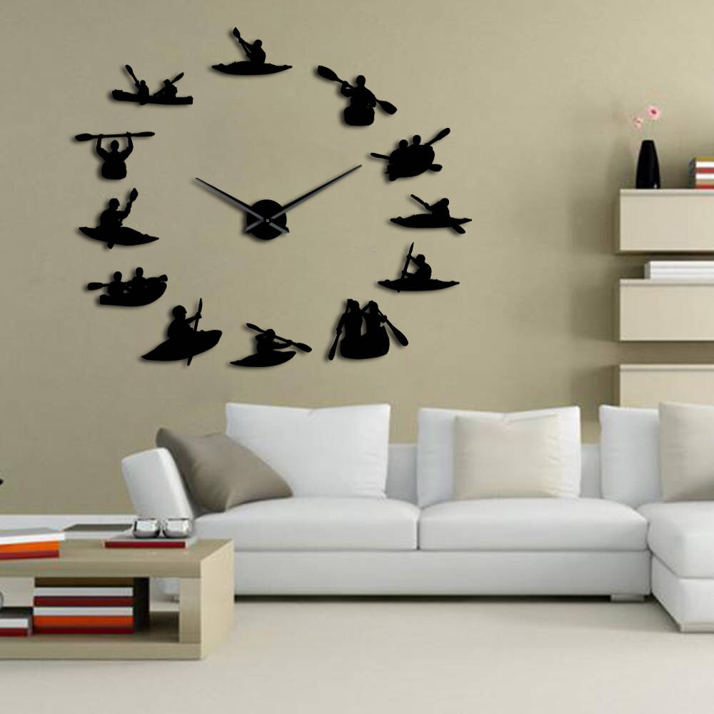 Canoa Rafting deportes acuáticos kayak DIY Reloj de pared grande con efecto espejo Kayakers gigante sin marco reloj de agujas grandes