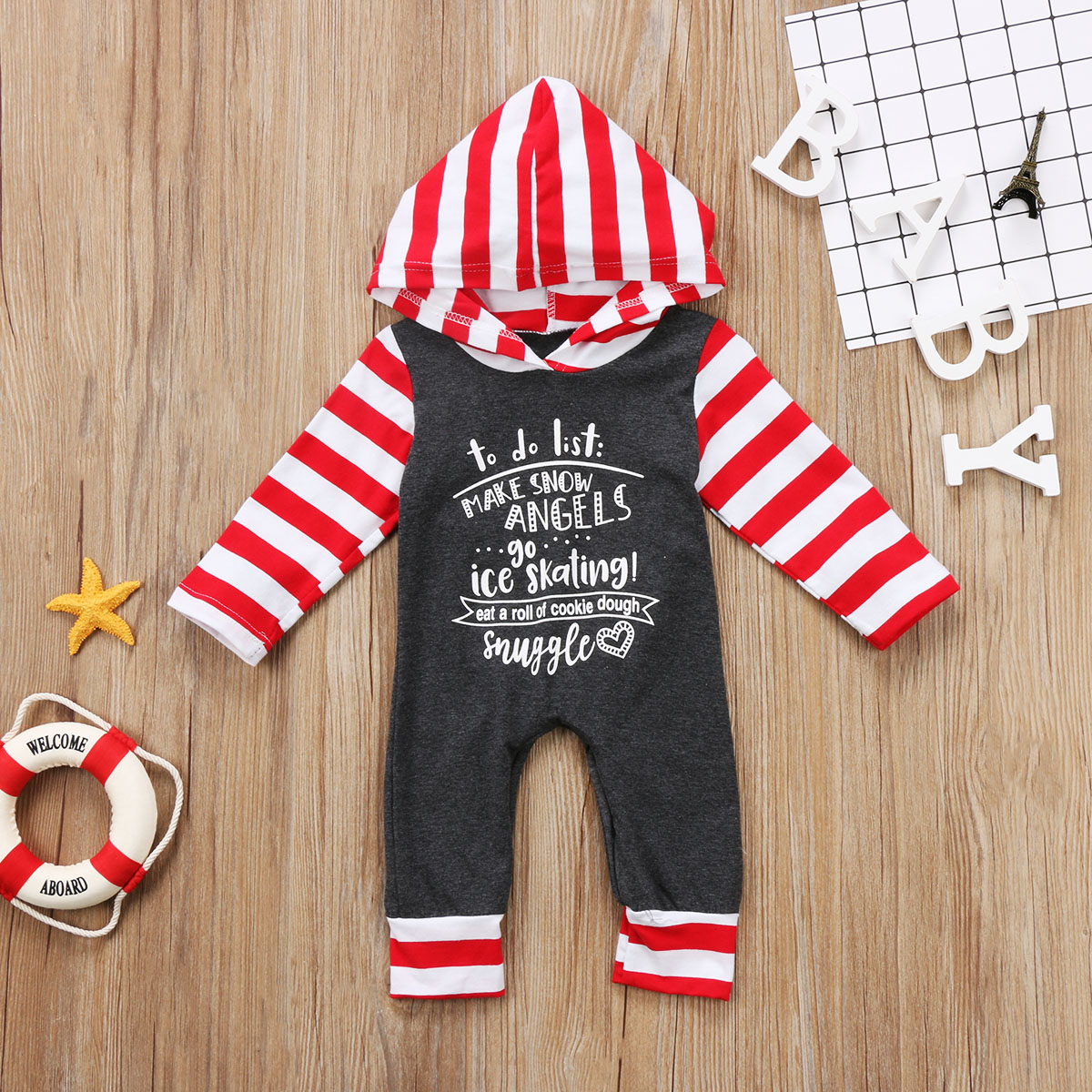 Xmas Baby Girls Boys Casual Clothes Striped Long Sleeve Patchwork Hoodies Romper Jumpsuit