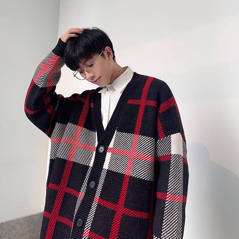 Cotton Cardigan Men&#39;s Warm Retro Casual Plaid Sweater Jacket Men Streetwear Loose Sweater Coat Mens Korean Clothes M-2XL