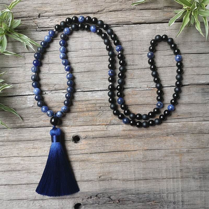 8mm sodalit mala perler, blå og sort halskæde, bøn mala halskæde, meditationssmykker, unisex mala, yoga  ,108 mala perler
