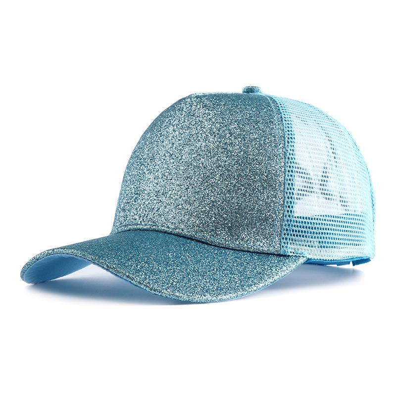 Gorra de béisbol con cola de caballo alta y purpurina para mujer, gorra Snapback informal de malla negra, blanca y rosa, Gorras de camionero para mujer 2023: Cian