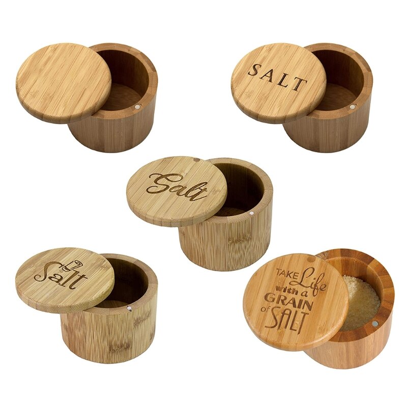 Bamboo Wood Spice Storage Box with Round Swivel Lid Cover Natural and Eco-Friendly Salt Condiment Jar for Chili Curry Sugar