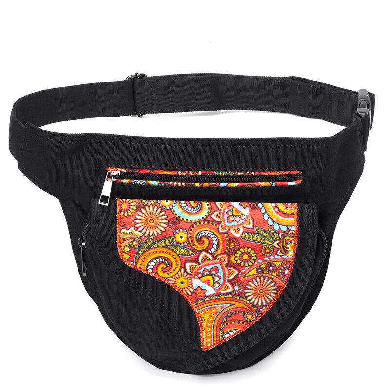 Annmouler Waist Bag for Women Canvas Fabric Fanny Pack Flower Patchwork Belt Bag Adjustable Phone Pouch Bag Large Hip Bum Bags: black