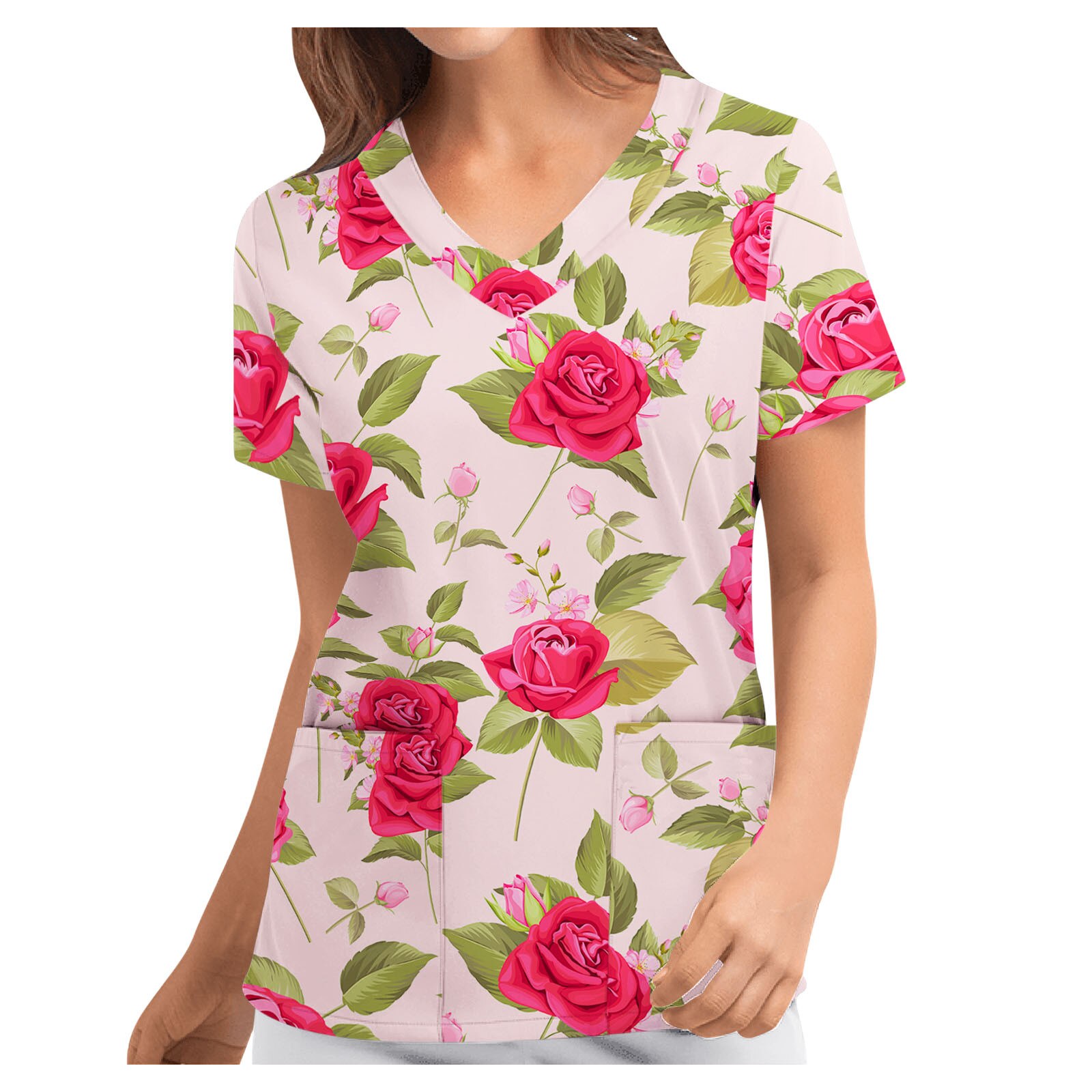 Les femmes Blouse manches courtes col en v clinique vêtements motif Floral hauts avec poche de travail des infirmières uniforme décontracté chemises douces