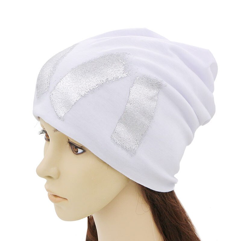 GZHILOVINGL-gorro fino de algodón para mujer, gorro con pintura plateada, Hip Hop, metálico, para otoño e invierno,: Blanco