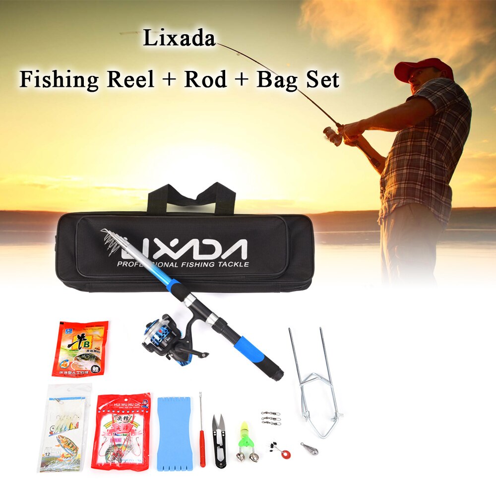 Lixada Fishing Tackle Set with Telescopic Fiberglass Fishing Rod Spinning Fishing Reel Fishing Baits Hooks Fishing Bag Combo Kit