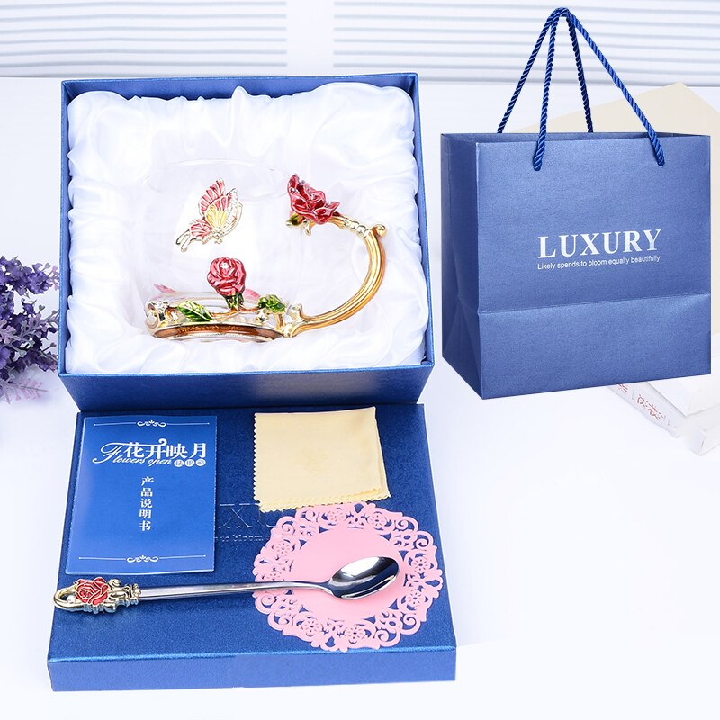 Tasse à café thé verre à fleurs et strass | Émail décoré tasse à café tasse à thé, verre gobelets à lait, tasses et tasses à poignée en alliage