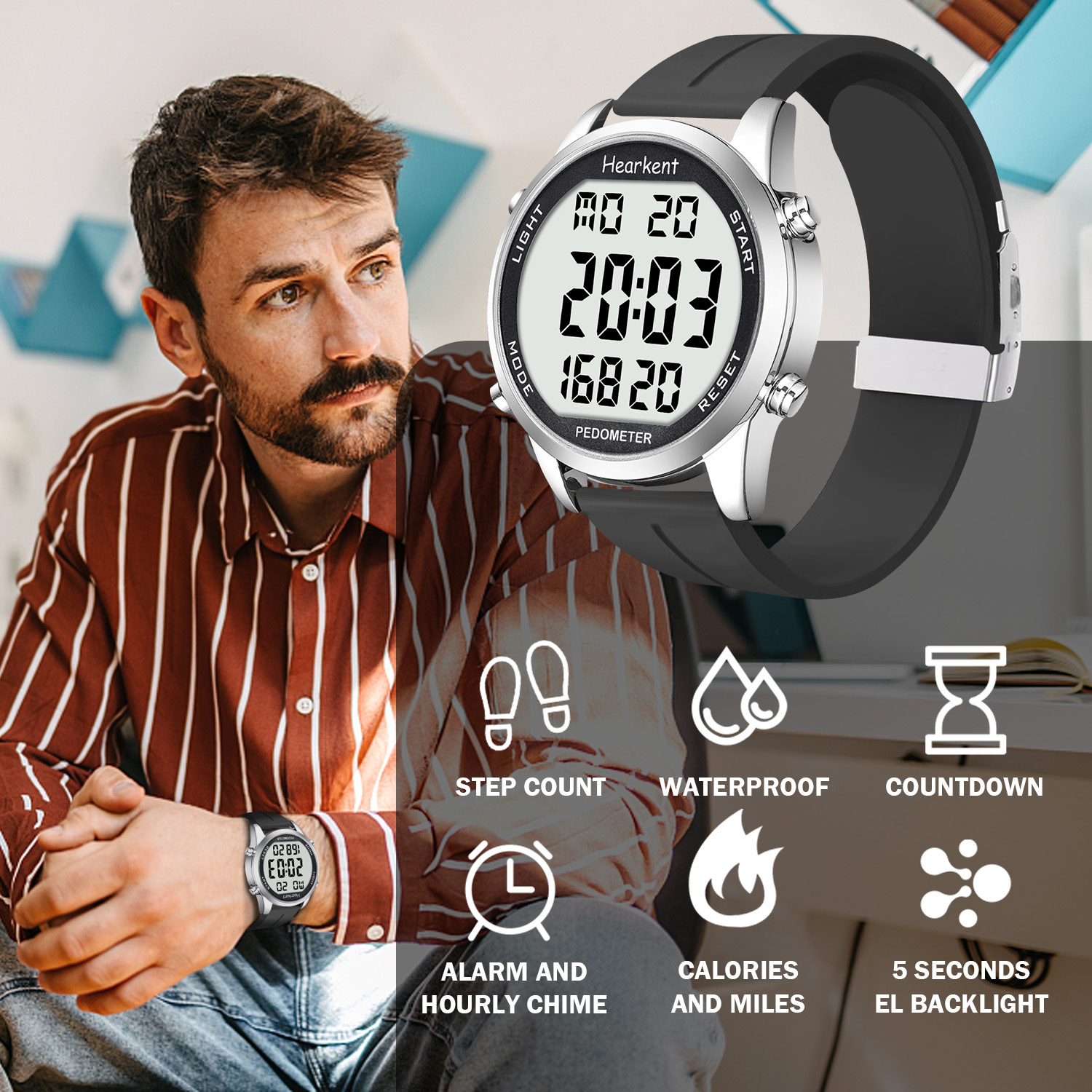 Hearkent pedômetro relógio digital masculino sem bluetooth relógios esportivos passo calorias contador andando rastreador de fitness relógio de pulso