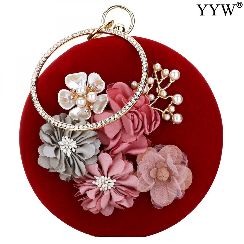 Roze Ronde Bloem Clutch Bag Womens Circulaire Ring Handtas Plastic Parel Strass Bruiloft Purse Pochette Femme: velvet red