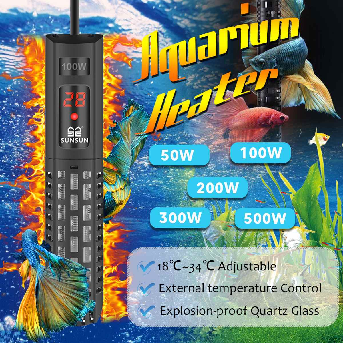 50w-500w akvarievarmestang intelligent lcd-skærm digital justerbar konstant temperaturkontrol akvariumvarmer