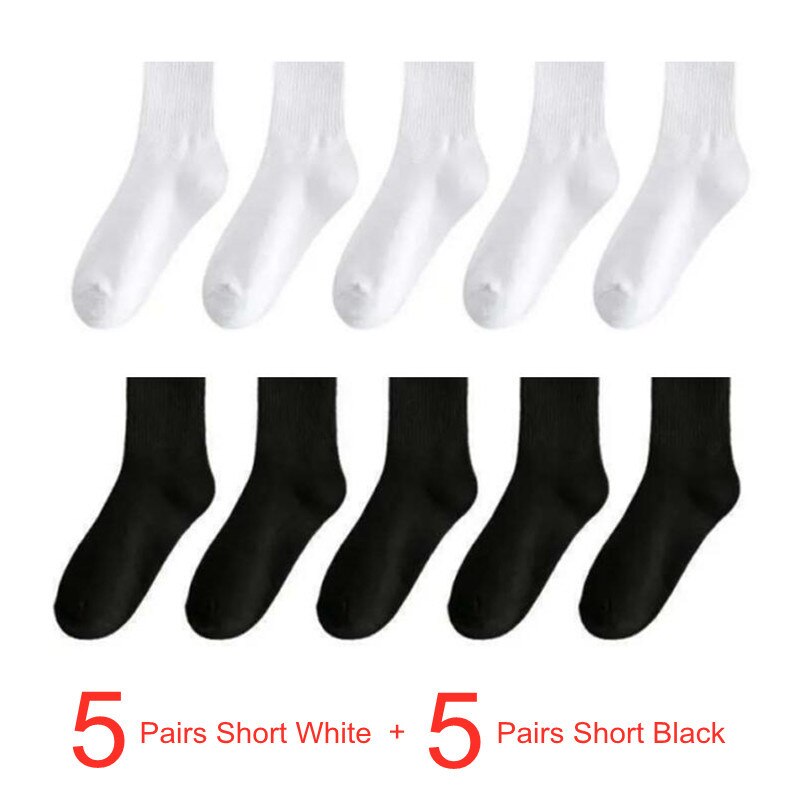 Calcetines clásicos de algodón 95% para mujer y hombre, medias largas y cortas de Color sólido, Color blanco y negro, 10 par/paquete: F
