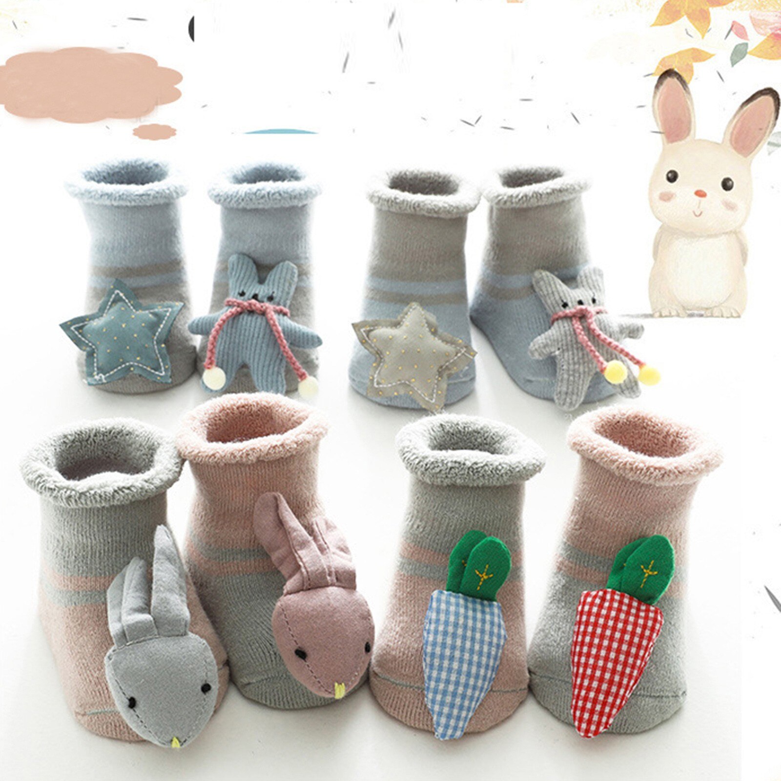 Chaussettes antidérapantes pour bébés, 2 paires, chaudes, en coton, douces et mignonnes, avec des animaux de dessin animé, pour garçons et filles,