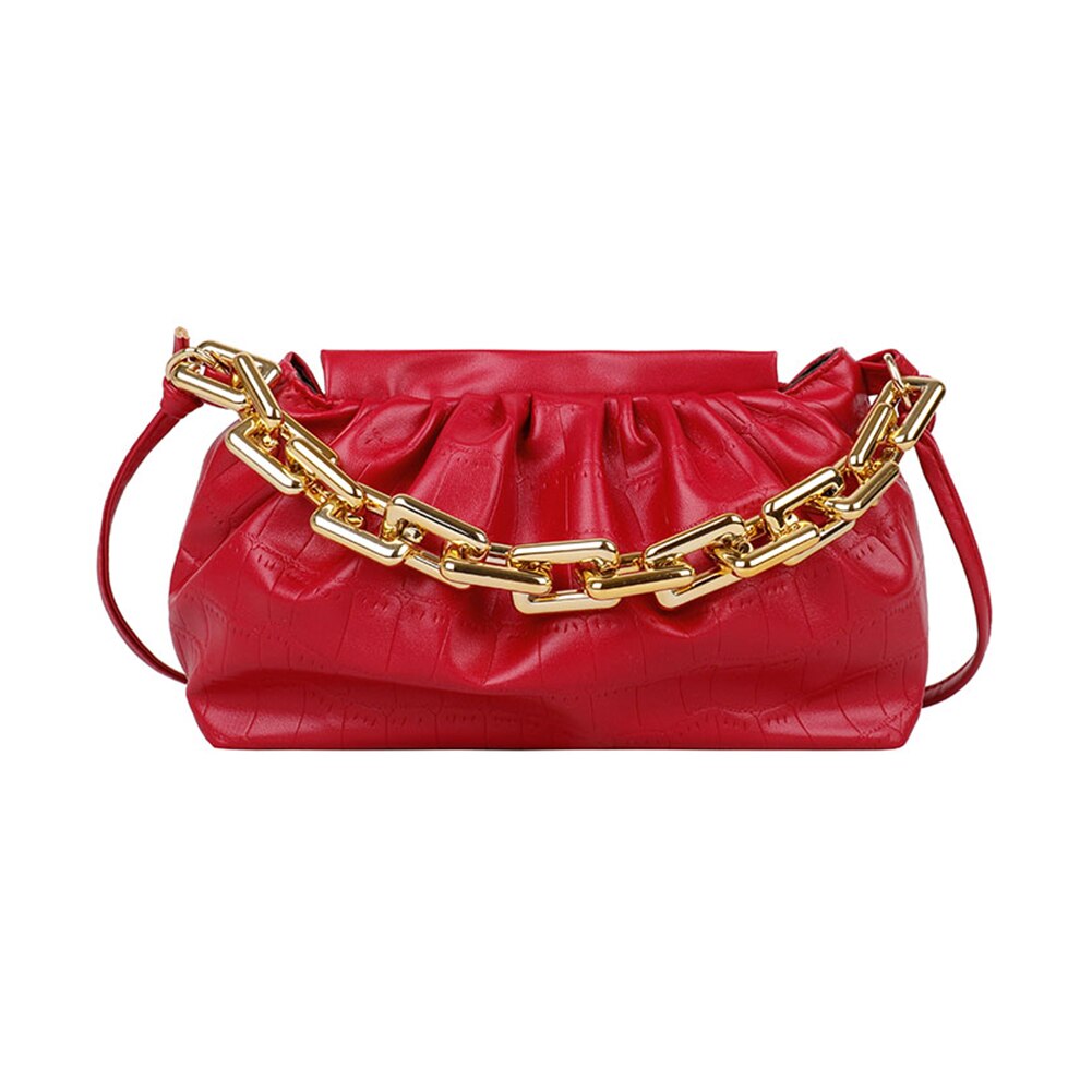 Sacs à main plissés en cuir PU pour femmes, sacs à bandoulière à motif de pierre rétro, sacoche à épaule couleur unie avec chaîne: Style A Red