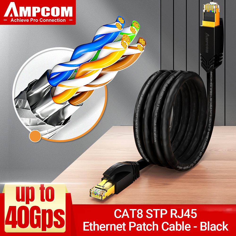 AMPCOM Ethernet Cable,CAT8 STP RJ45 10Gbps LAN Network Cable High Speed Gaming Patch 24AWG Strand Wire for Computer, PS5, Xbox: black / 10m