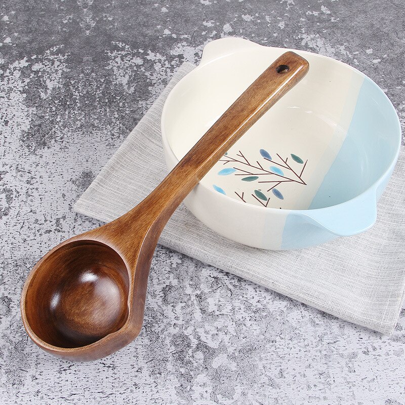 Vacclo 1pc Wooden Big Soup Spoon Long Handle Porridge Cornmeal Scoop Water Ladle Kitchen Tableware Cooking Utensil Tool: D