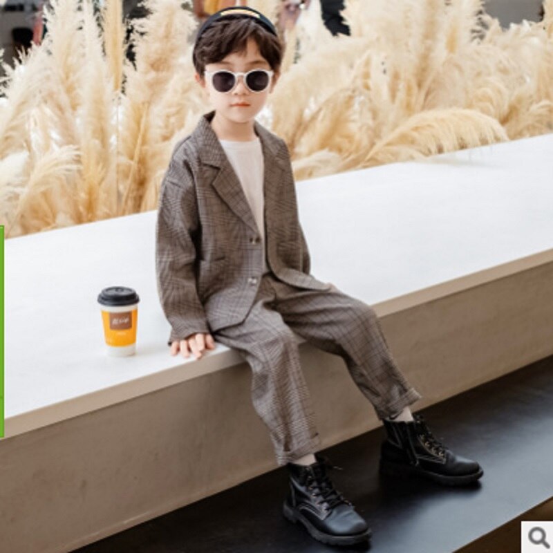 Pojkdräkter vår/höst pojkar 2- delade kostymer barns enkelknäppta plädfärger kostymset storlek 4-14 ly616