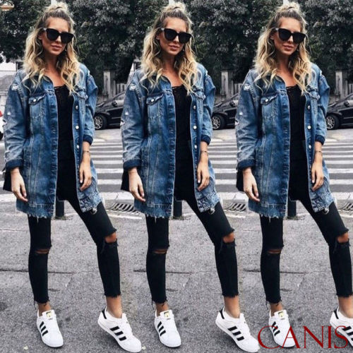 Blue Jean Jacket Women Denim Long Coat Ripped Jeans Coat Button Jacket Loose Spring Autumn Casual Outwear Streetwear