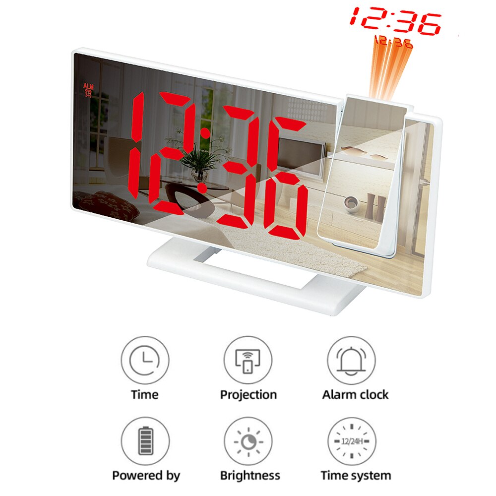 Reloj Despertador Digital con Proyección LED, Dispositivo Electrónico para Mesilla de Noche del Dormitorio con Radio FM y Proyector de Tiempo: Red on White C
