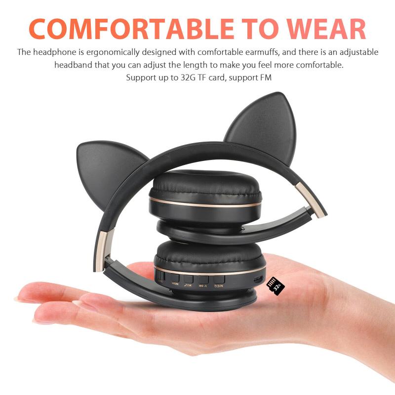 LED Cat Ear Headphones Bluetooth 5.0 Noise Cancelling Adults Kids Girl Headset Support TF Card FM Radio With Mic Wireless+Wired
