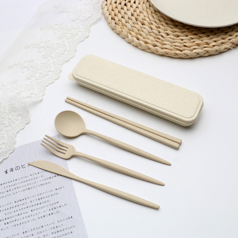 Couverts portables de voyage, boîte de couverts portables de voyage Style japonais couteau à paille de blé fourchette cuillère baguettes pour étudiants service de vaisselle de cuisine 4 pièces/ensemble: A5-4pcs and box