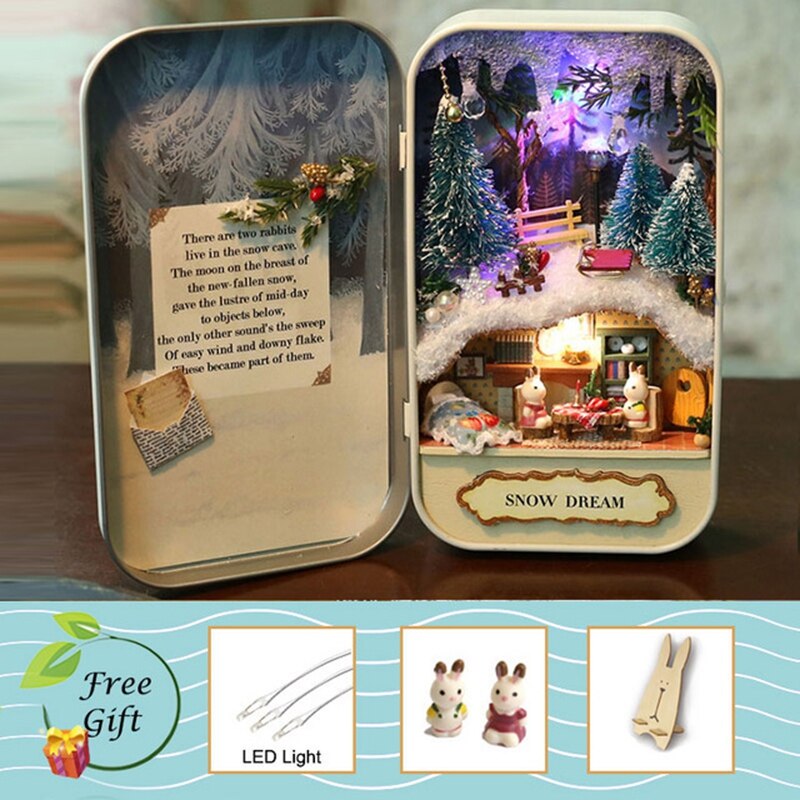 Box teater dukkehus miniature legetøj med møbler kanin diy miniature dukkehus førte lys legetøj til børn fødselsdag  q10: Q3