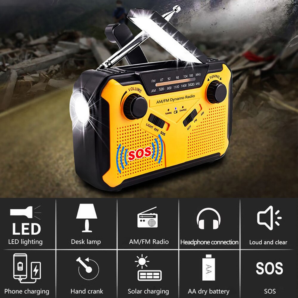 Portable Radio FM AM Hand Crank Emergency Receiver Reading Lamp Flashlight Solar Charging 2500mAh Power Bank For Mobile Phone