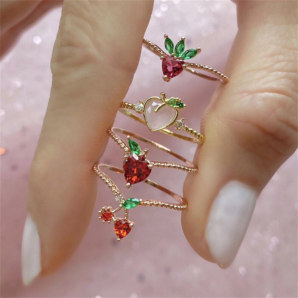 Sweet Crystal Apple Strawberry Cherry Grape Rings for Women Cute Fruit Gold Rings Set Party Jewelry Summer Style