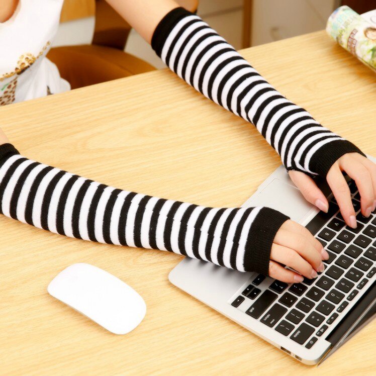 Armvärmare kvinnor cashmere randig solid varm vinter lång finger-mindre tjockare dam ärm match match fritid trendig chic kawaii: Vit