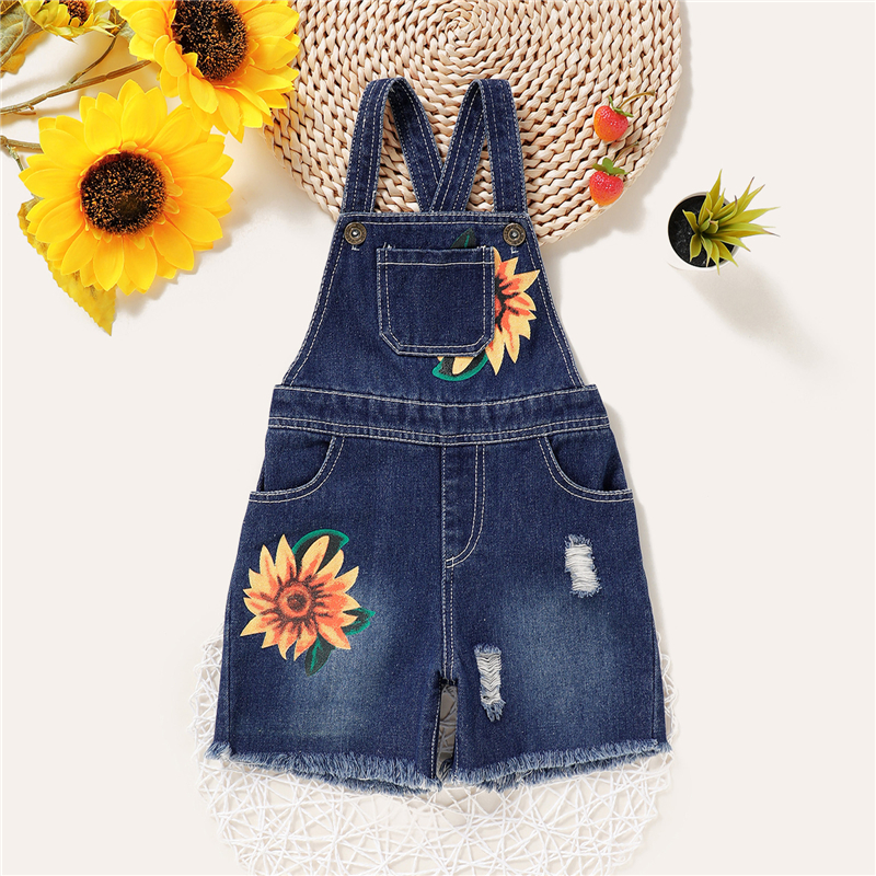 2-7Y Children Clothing Summer Kid Baby Girl Sunflower print Denim Overalls Sleeveless Strap Shorts Jumpsuit Outfit