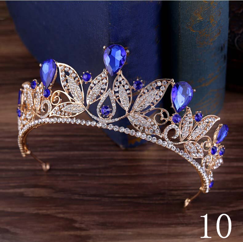 Baroque Luxury Handmade Rhinestone Bridal blue Crystal Big Crown Tiaras Diadem for Bride Headbands Wedding Hair Accessories