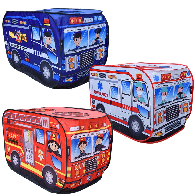 Børns indendørs spil folde telt udendørs brandbil politibus folde pop-up legetøjstelt brand model husbus