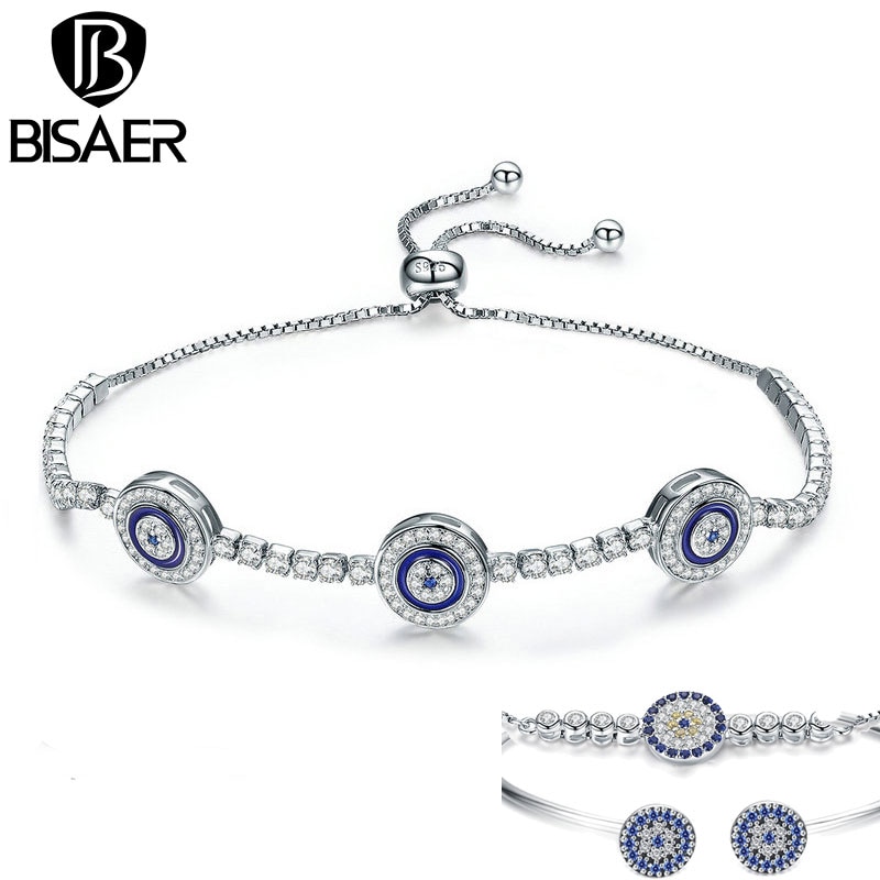 Pulseira bisaer 925 sterling silver lucky blue eye god& #39 ;s eye women tennis bracelets femme sterling silver jewelry ecb 002