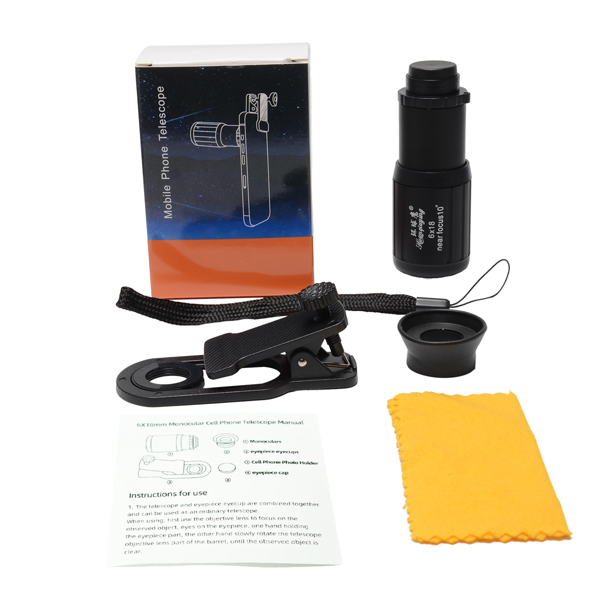 HD 6X Telefonobjektiv Kamera Telezoom Monokular Teleskop Teleskopfokus Kompaktes Min-Objektiv + SelfieTripod für alle Smartphones: Schwarz