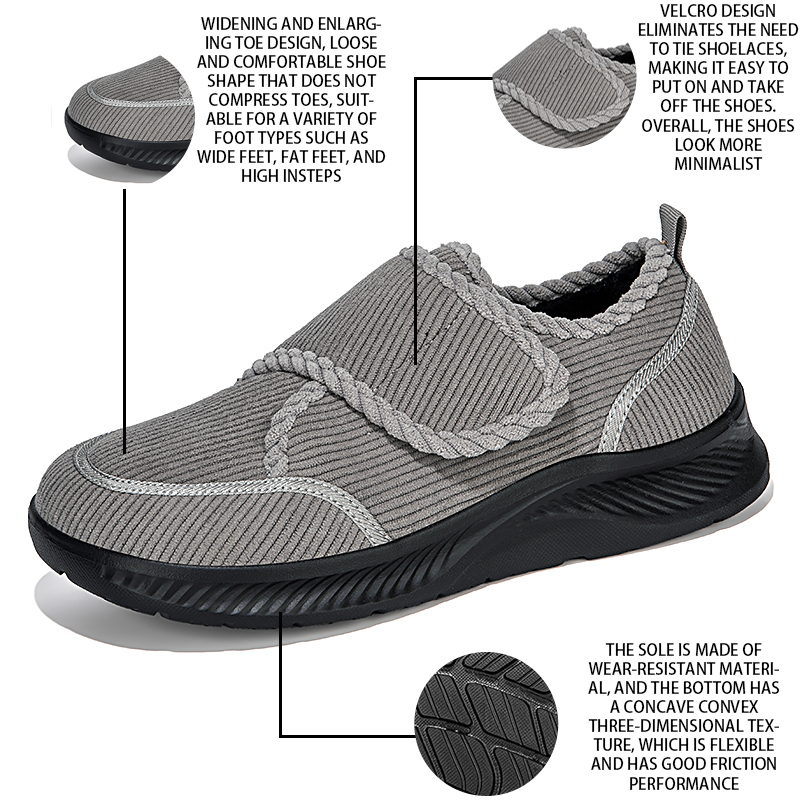 Comfortabele wandelschoenen met schokabsorberend en antislip bovenwerk, ademend materiaal en klittenbandsluiting voor gemakkelijk aan- en uittrekken.
