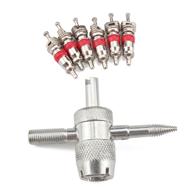 Car Truck Motorcycle Valve core Auto Replacement Parts Four-in-one Valve Tool with 6 Brass Valve Cores Fit for All Vehicle