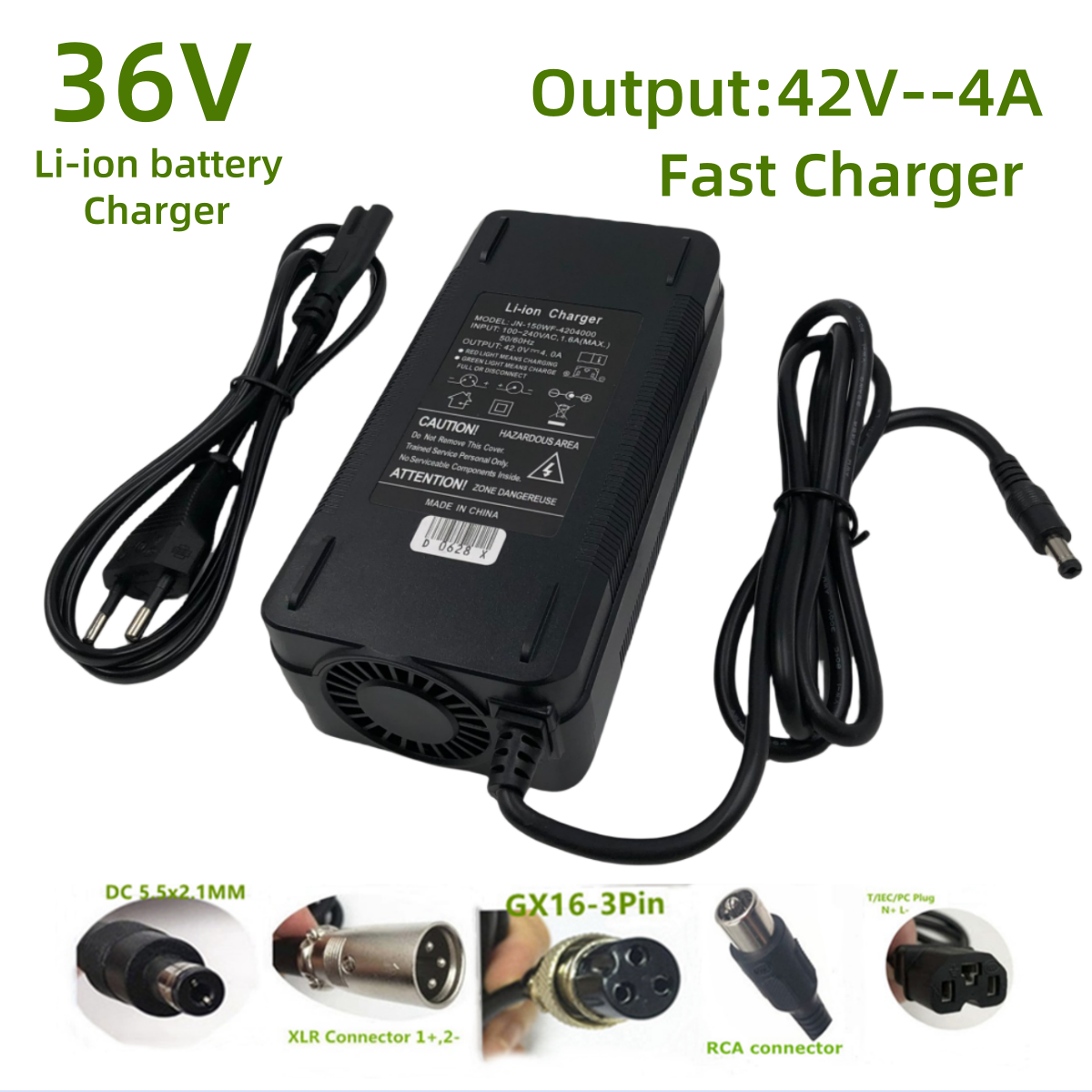 36V Ladegerät Ausgang 42V4A Schnelle ladung Lithium Batterie Ladegerät Li ionen Ladegerät Für 36V 10S Batterie mit Lüfter DC GX16 RCA Stecker