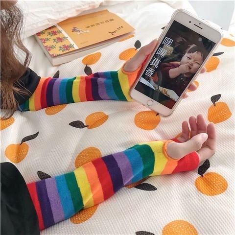 Korean Women Cute Rainbow Arm Warmers Long sleeve Sunscreen Cuffs Female Arm Sleeves UV Protection Thin Sleeves
