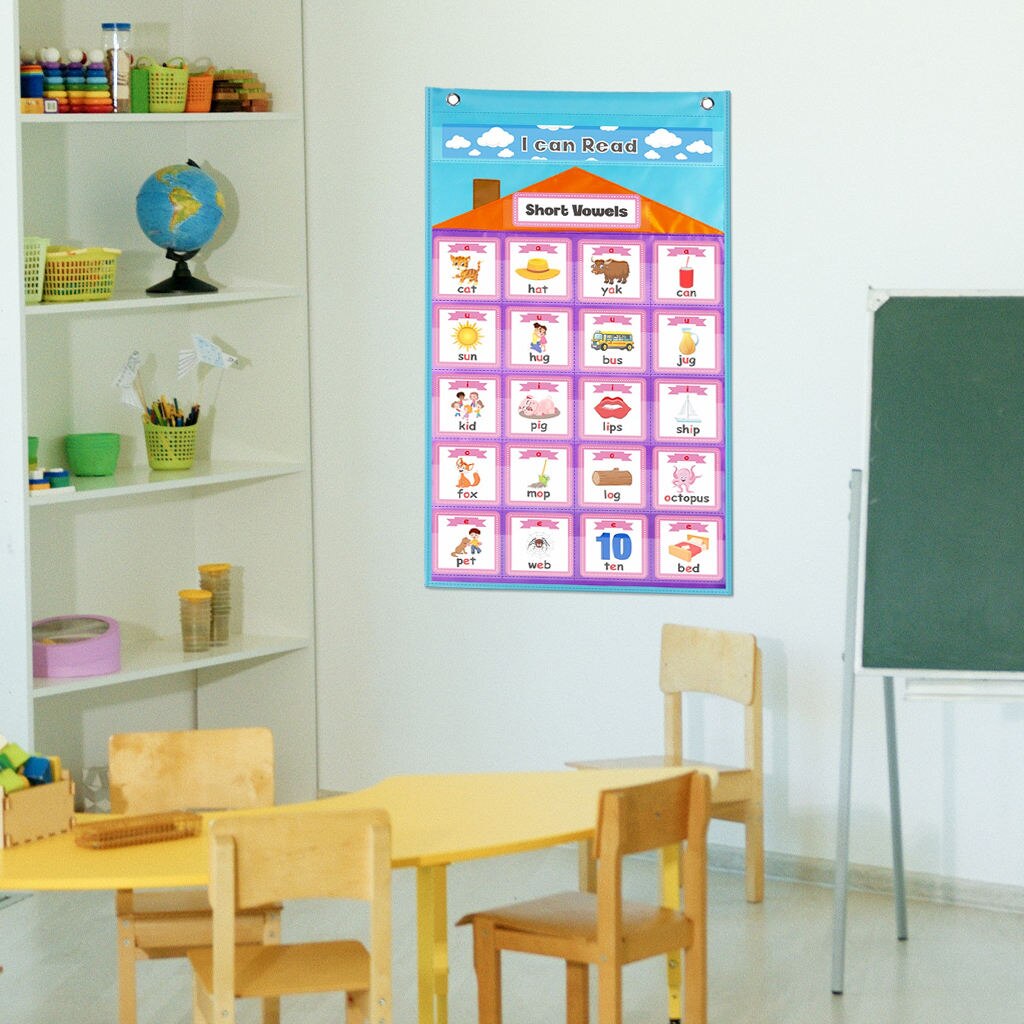 Pocket Chart with 154 Cards Purple Wall Hanging Short Vowels Hanging Bag for Teacher