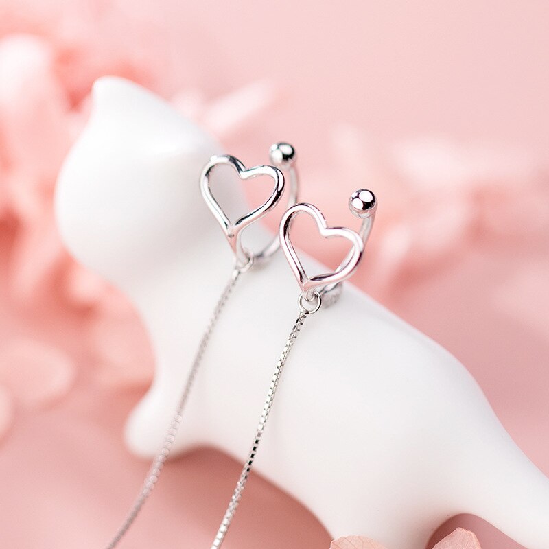 Pendientes de plata de ley 925 MloveAcc de genuina, corazón hueco dulce ligado, línea de oreja de 10cm para mujer, plata 925, de joyería