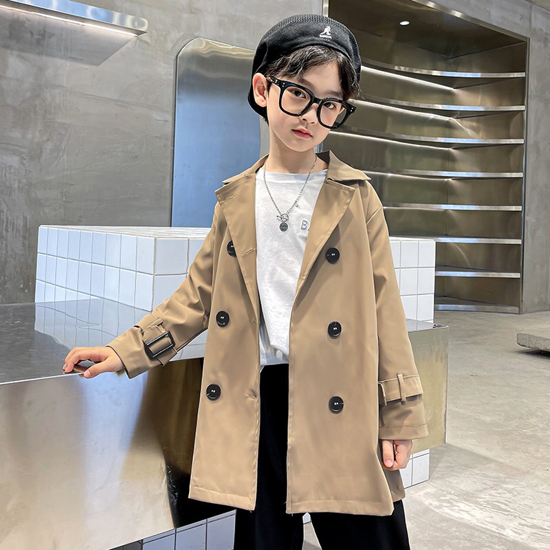 Trench-Coat avec ceinture pour garçons et adolescents, veste à Double boutonnage, coréenne, kaki, coupe-vent, vêtements d&#39;extérieur, 4-13T, automne