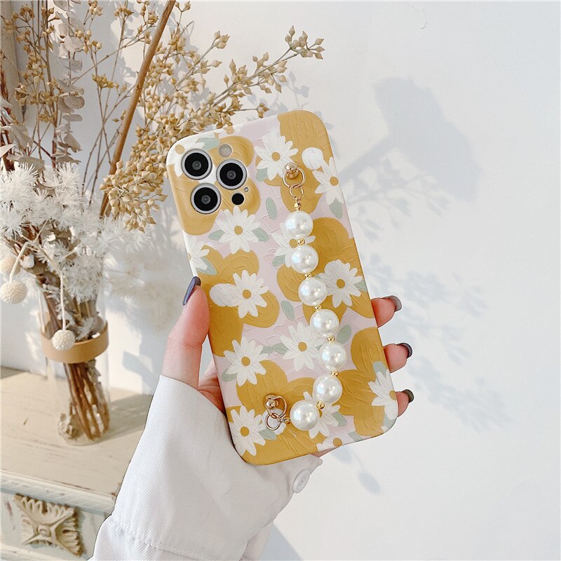 Pearl rhinestone wrist bracelet Flower Daisy Art case For iphone 12 11 Pro Max X XR Xs max 7 8Plus SE2020 Protective case