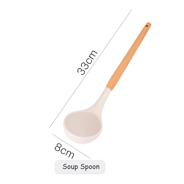 White Cooking Utensils set Silicone Kitchen Tools Set with Wood handle for Nonstick Cookware Kitchen set with Spatula/Spoons: Soup Spoon