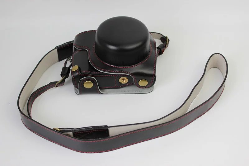 Funda de cuero de lujo para cámara Panasonic Lumix GF7 GF8 GF9 GF10, bolsa de cámara de 12-32mm, cuerpo con correa, de batería abierta: Black