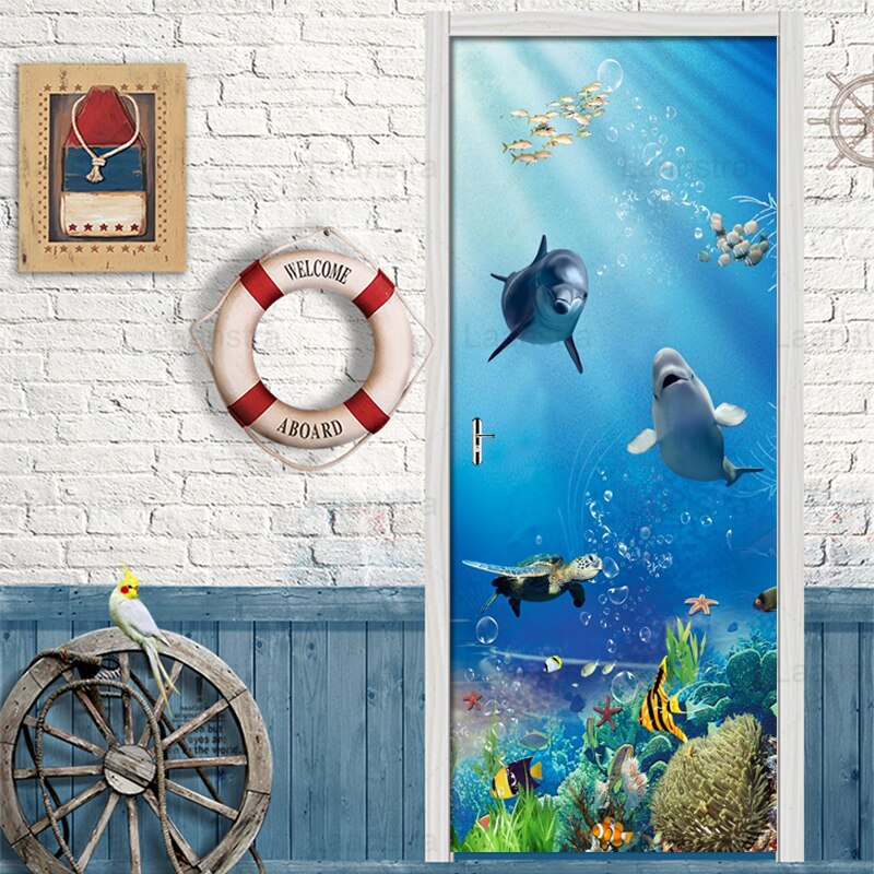 Removable Door Stickers Underwater World Marine Fish Mural Living Room Bedroom Door Decor Wallpaper DIY Self Adhesive Wall Decal