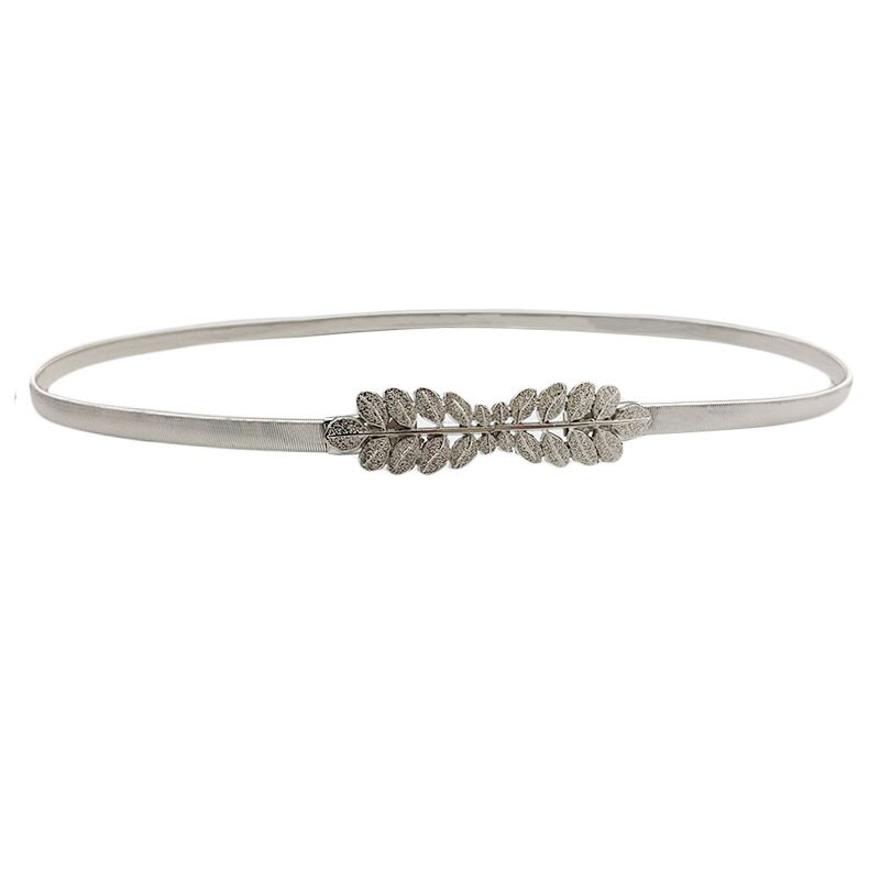 Cinturón de hebilla de metal de hojas de flores para mujer, cinturón de cadena de cintura elástica para mujer, cinturón de mujer fino dorado pasek damski: Silver 74-100cm
