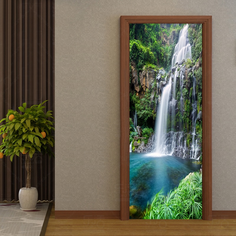 3D Door Sticker Chinese Style Waterfalls Landscape Photo Wallpaper Living Room Bedroom Home Decor PVC Waterproof Self-Adhesive