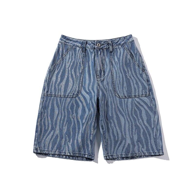 Summer Men Knee Length Denim Trousers Zebra Print Casual Jean Shorts